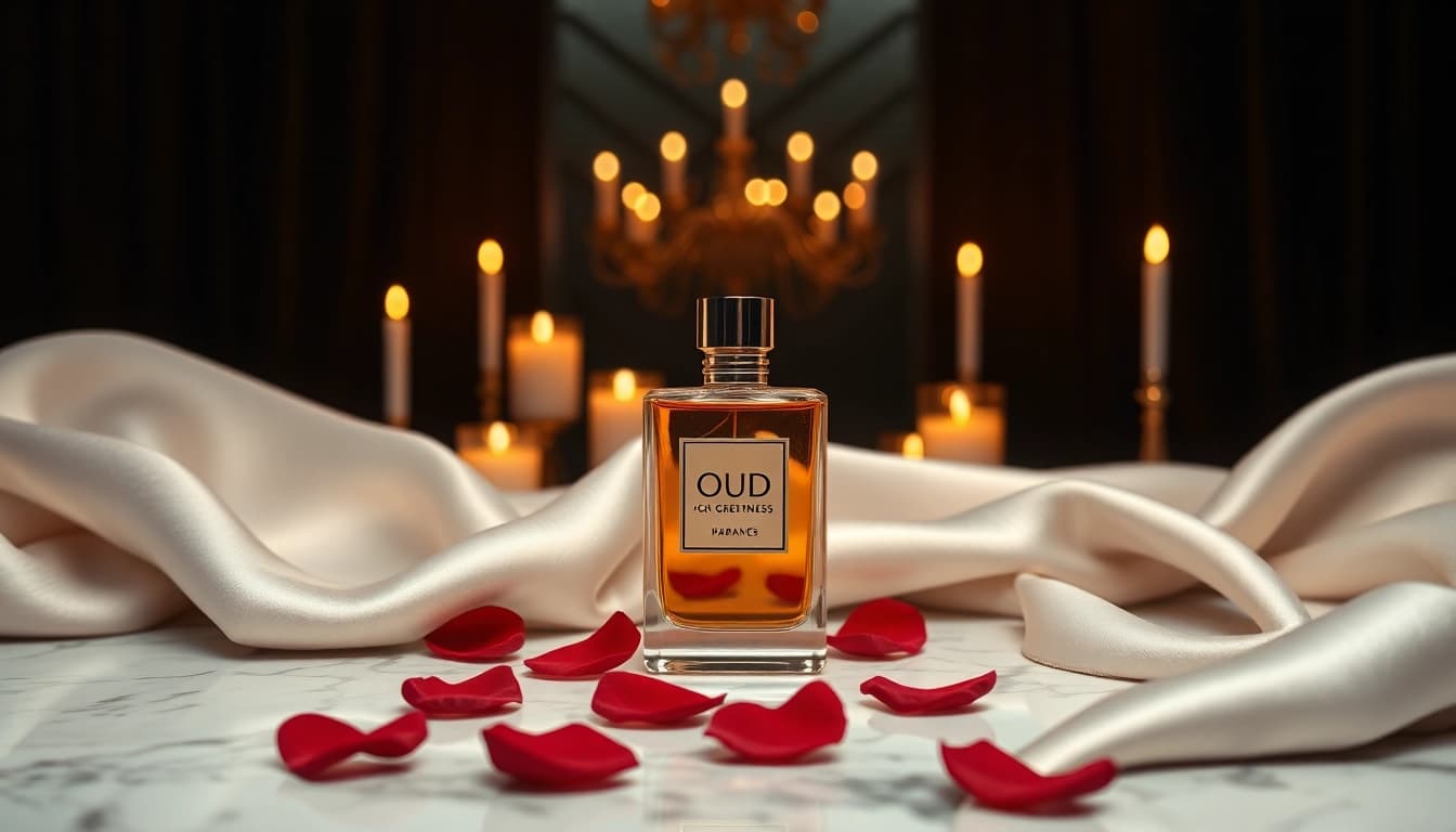 Experience Oud for greatness in an elegant setting with luxurious perfume bottle and rose petals.