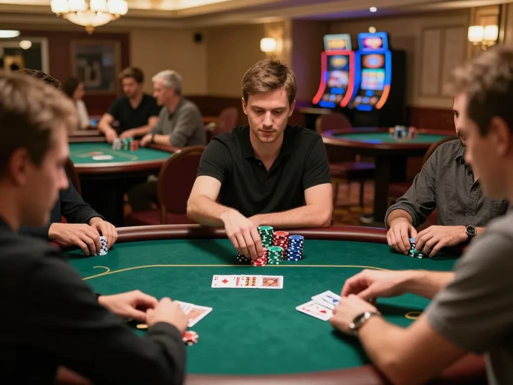 Engaged players strategizing at SC88 casino's luxury poker table during high-stakes game.