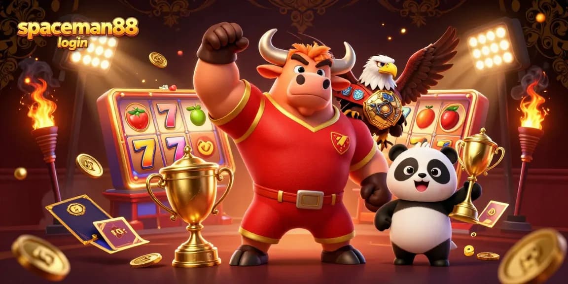 Experience slots excitement with spaceman88 login, featuring a bull mascot and golden trophy.