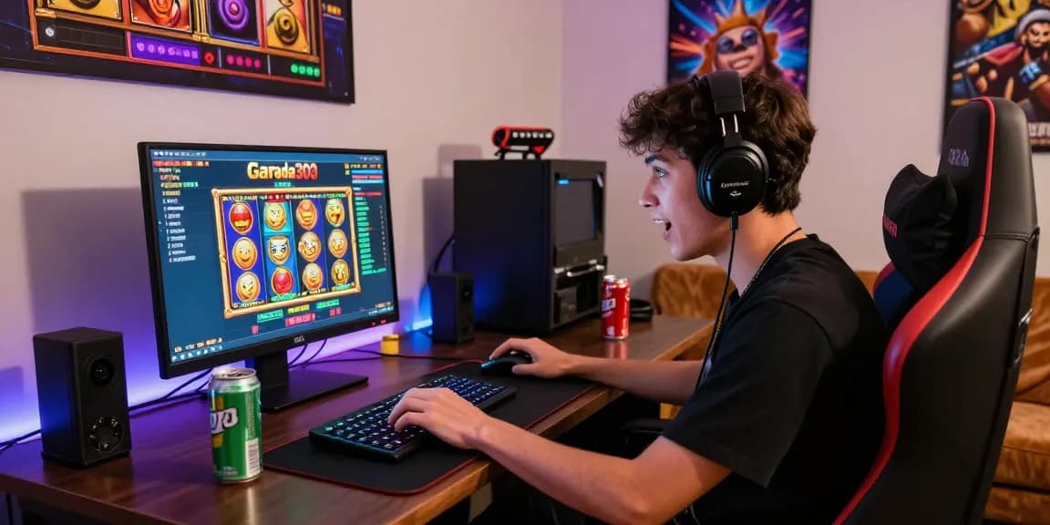 Excited player enjoying garuda303 slot games in a vibrant gaming setup.