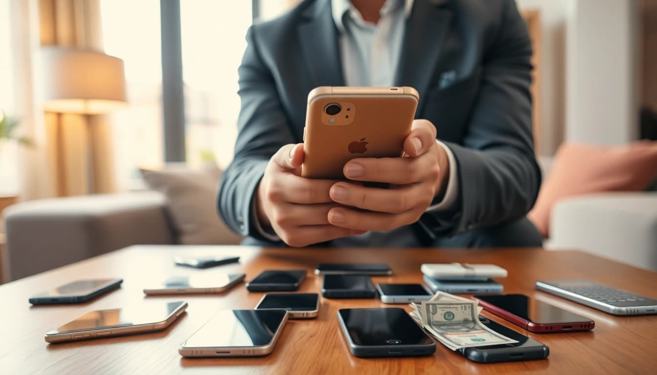 Sell your old phone for cash with a vibrant image of a person exchanging a smartphone for cash.