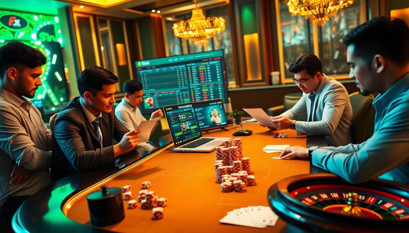 Players analyzing betting strategies at a luxurious casino table with live updates from 7m cn.