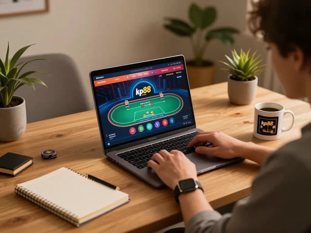Engaging in online poker with kp88, showcasing sophisticated gameplay in a cozy home setting.