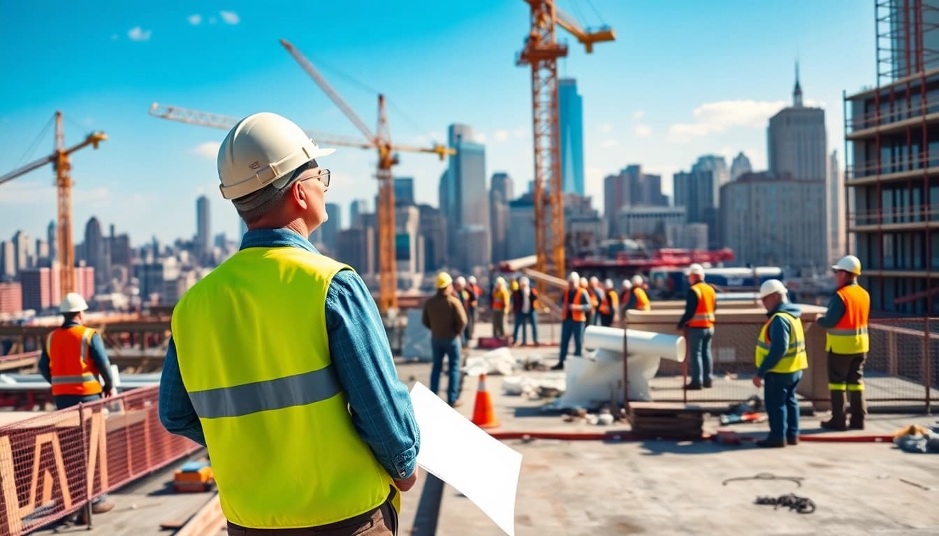 New York City Construction Manager supervising a busy construction site with cranes and workers.