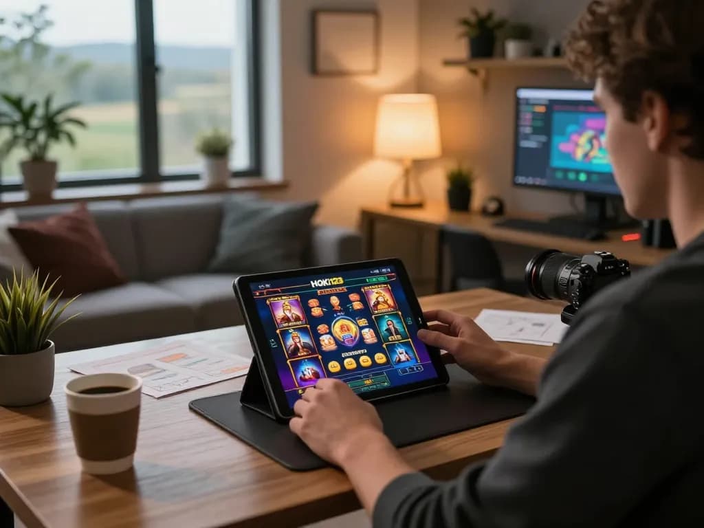 Player enjoying link gacor game on tablet in cozy home office, capturing strategic gameplay atmosphere.