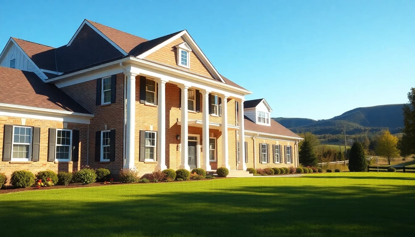 Showcasing a colonial home build with classic architecture and inviting landscape.