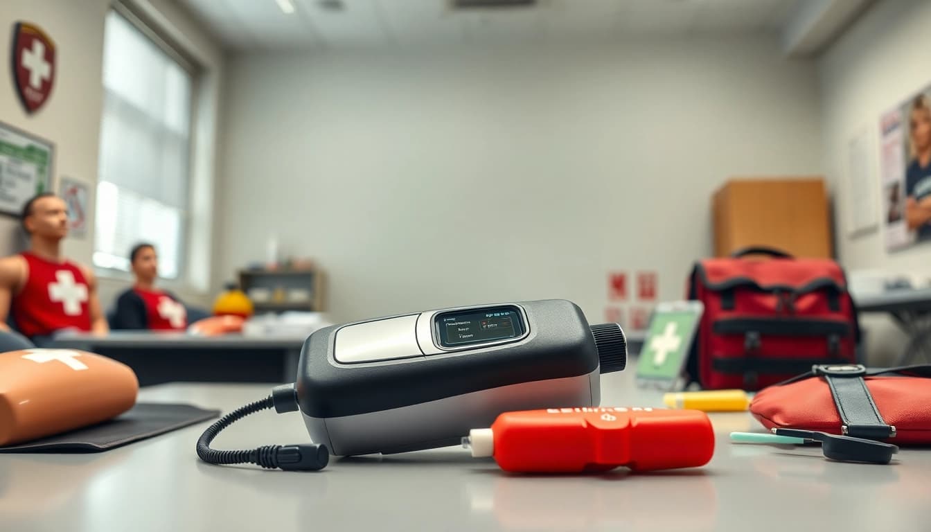 Demonstration of a choking rescue device used in emergency training to save lives.