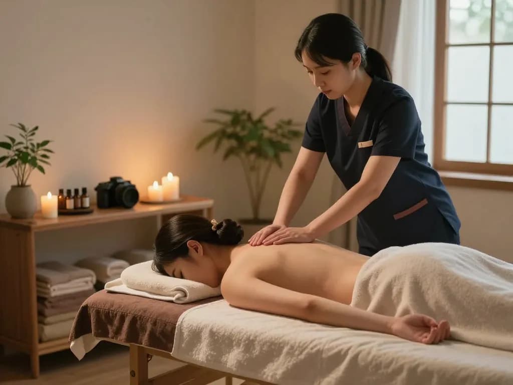 Relaxing 치평동마사지 therapy session in tranquil spa room with soothing ambiance.