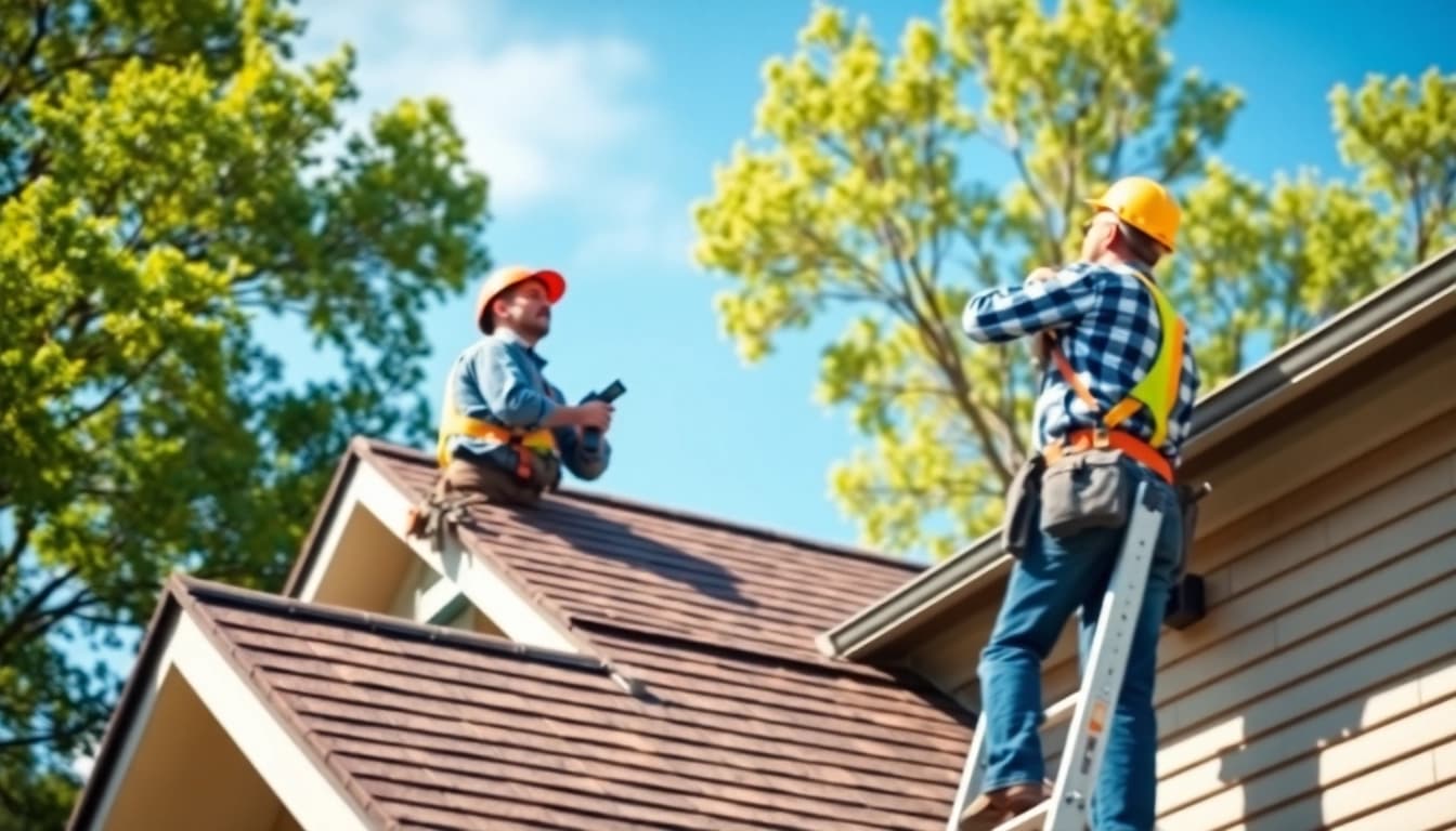 Roof repair professional inspecting a house, showcasing expertise with safety measures.