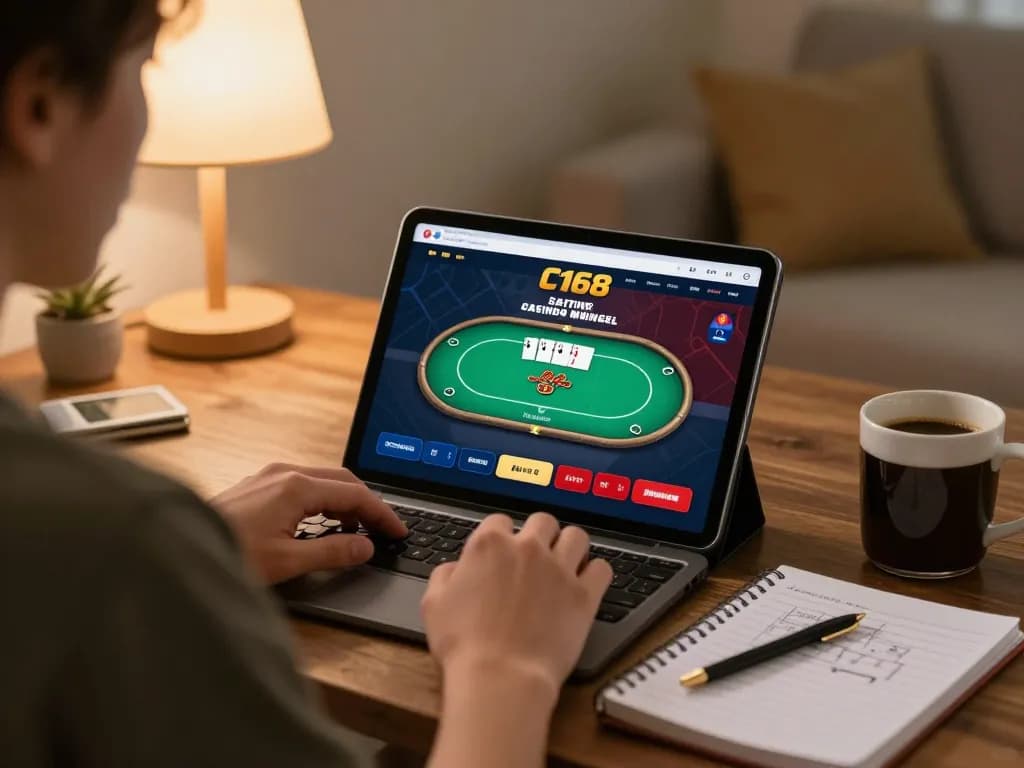 Engaged player using C168 đăng nhập on tablet for poker while tracking betting strategy.