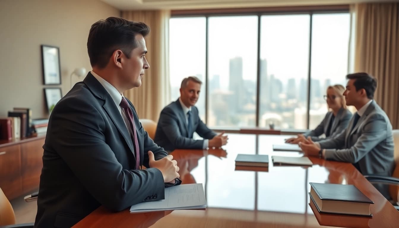 Eminent domain lawyer consulting clients in a professional office setting.