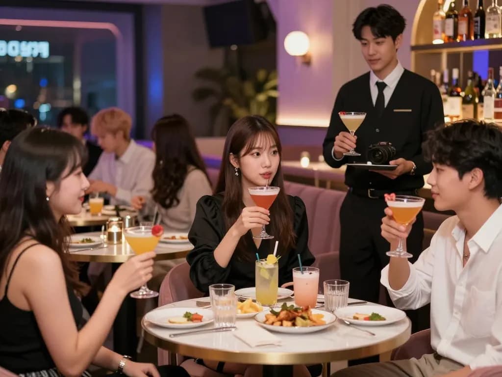 Experience the vibrant atmosphere of 강남쩜오 nightlife with upscale decor and social engagement among stylish patrons.