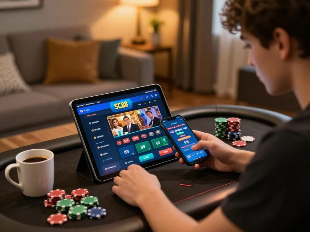 Engaging with SC88 casino app on a tablet, player strategizing in a cozy home atmosphere