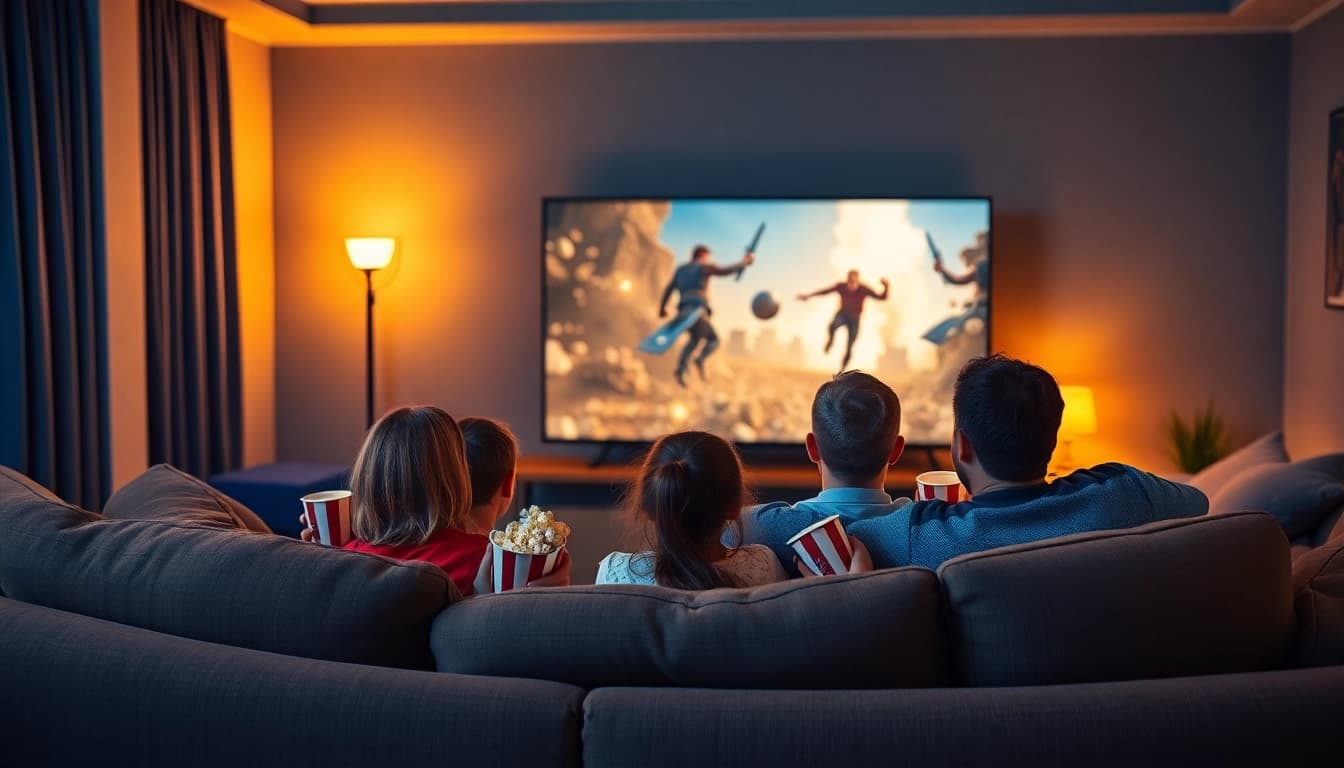 Enjoying a thrilling หนังออนไลน์ movie night with family in a cozy home theater setting.