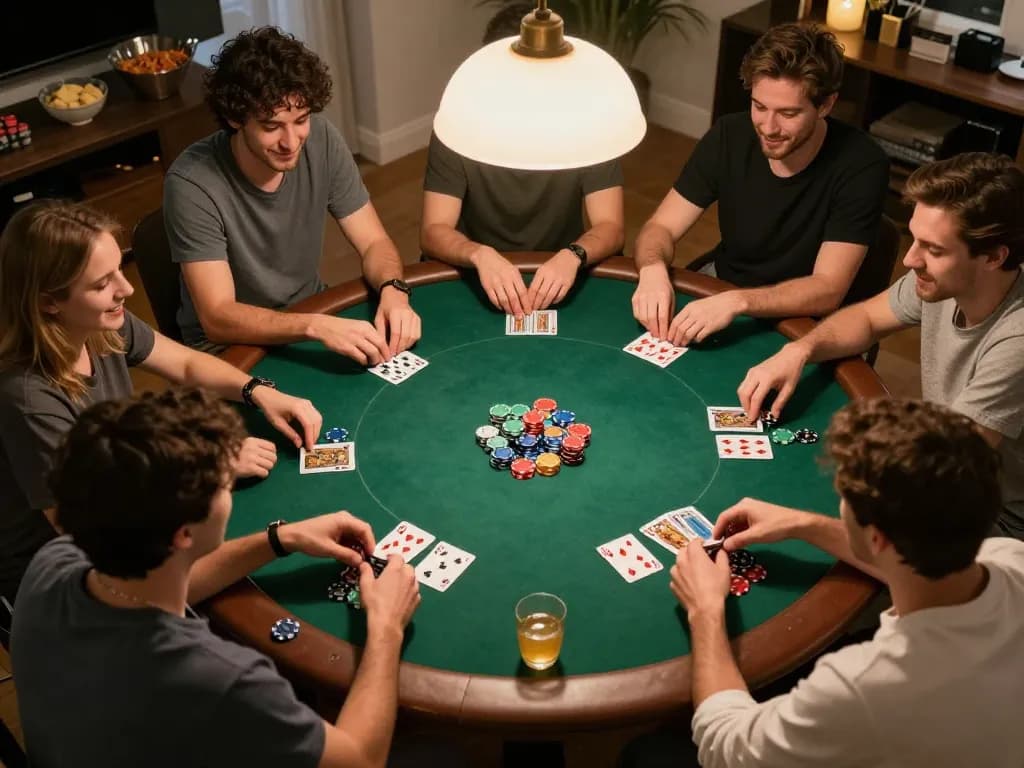 Teman-teman terlibat dalam permainan poker yang mendebarkan di rumah, menunjukkan kegembiraan dalam permainan link gacor.