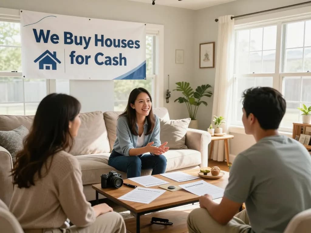 We buy houses for cash banner in a bright living room, featuring a real estate agent discussing home sale options with a couple.