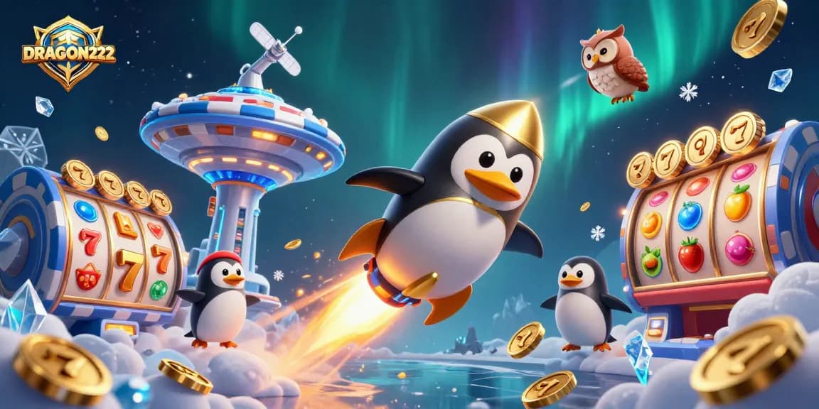Experience thrilling wins with DRAGON222 as golden penguins sail through slot reels in a vibrant casino.
