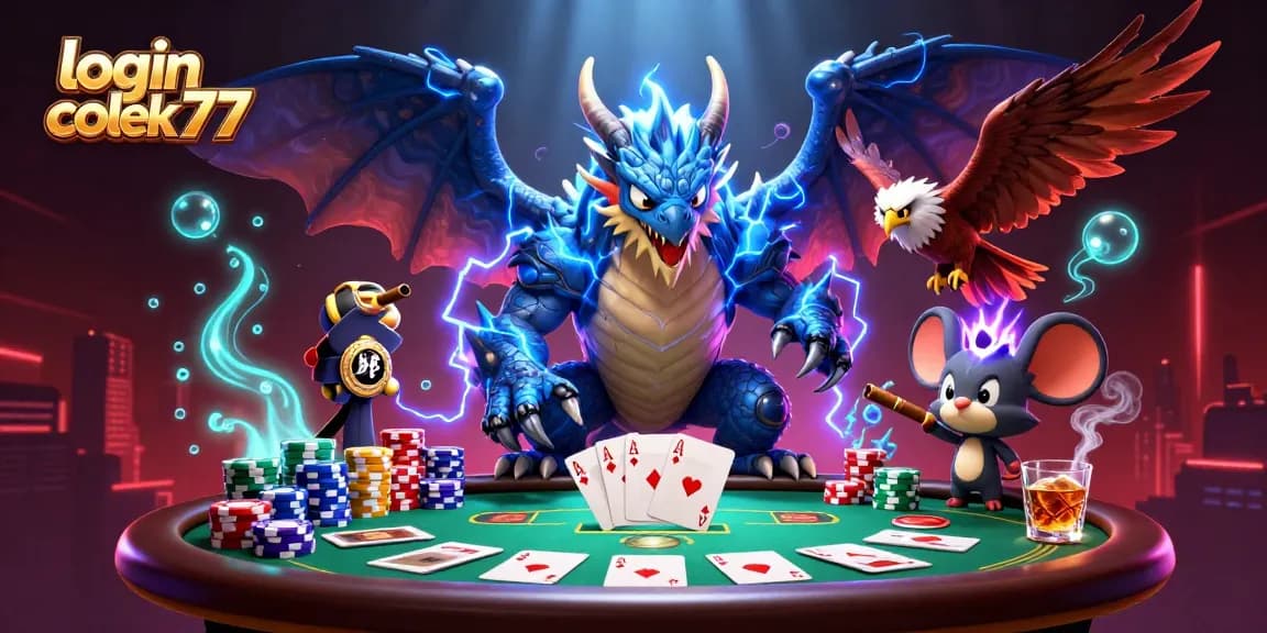Experience excitement with the dynamic login colek77 scene featuring a thunder dragon and poker elements.