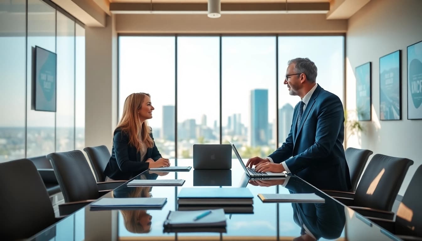 Business coach San Diego collaborating with clients in a modern office.