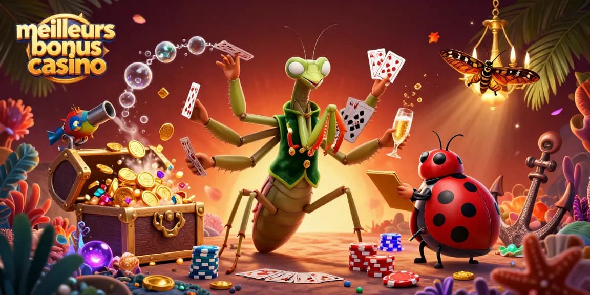 Profitez des meilleurs bonus casino avec une scène dynamique de jeux de cartes et de trésors éclatants.