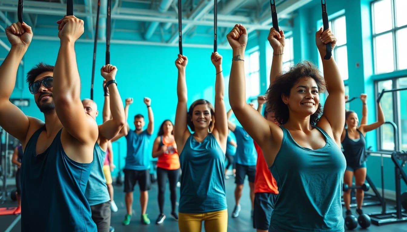 Fitness enthusiasts using pull-up assist bands in a vibrant gym, showcasing diverse workout techniques and camaraderie.