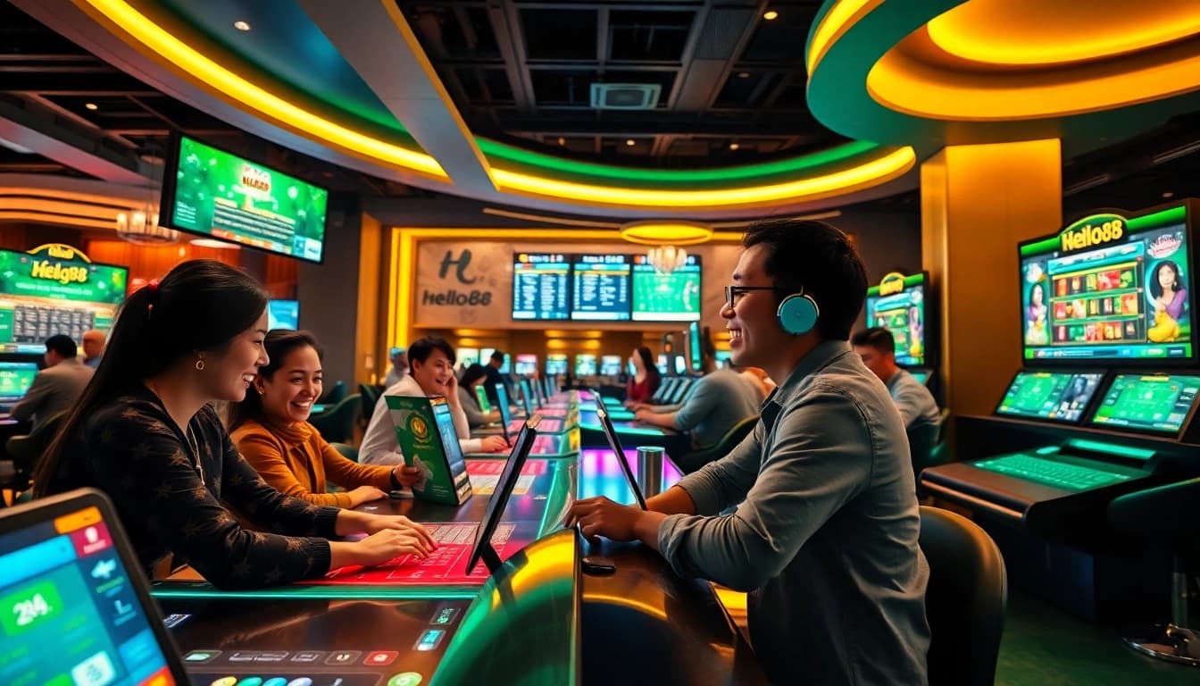 Hello88 online gambling scene showcasing players enjoying interactive games, illuminated in vibrant green and gold.
