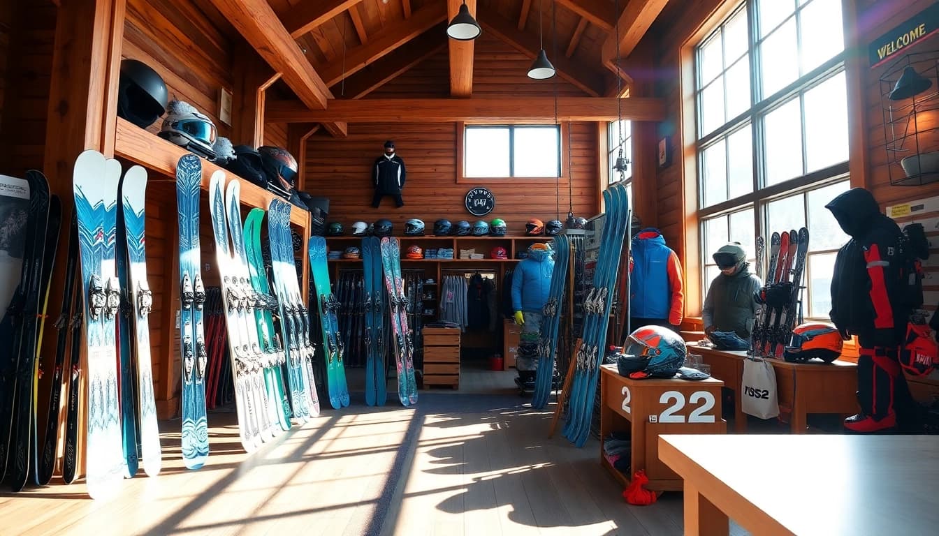 Ski shop Tenney Mountain showcasing vibrant gear in a cozy lodge setting.