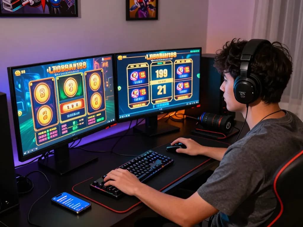 Gamer terlibat di laoban188 bermain permainan slot di dua monitor yang cerah dalam pengaturan yang gaya.
