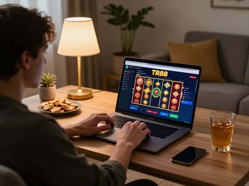 Person playing TR88 online slot games at home, enjoying a gaming session with snacks and warm lighting.