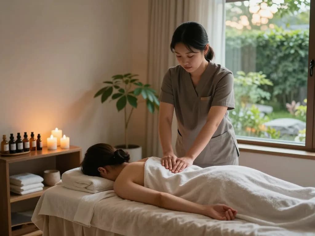 Peaceful atmosphere depicting a therapist providing 역삼동마사지 in a calming spa environment.
