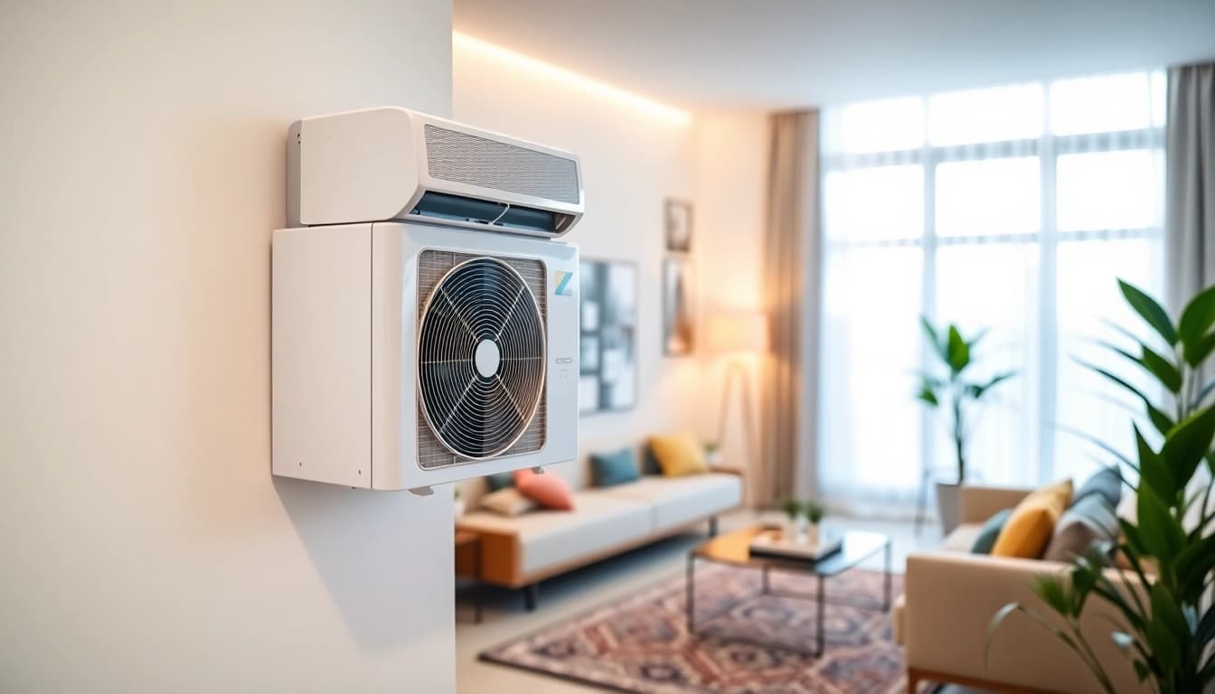 Showcasing a daikin mini split ac unit elegantly placed in a modern living room environment.