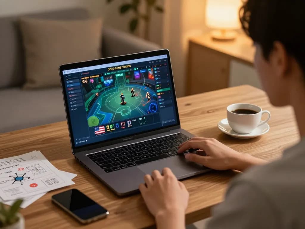 CỔNG GAME SUNWIN online gaming session with player focused on laptop interface, cozy atmosphere