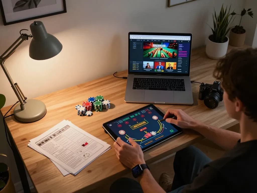 Player engaged in online blackjack at N188 com with chips and strategy notes during a cozy gaming session
