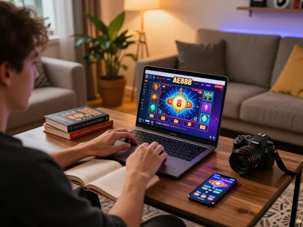 Engaged player enjoying AE888 casino games on a sleek laptop in a cozy home environment.