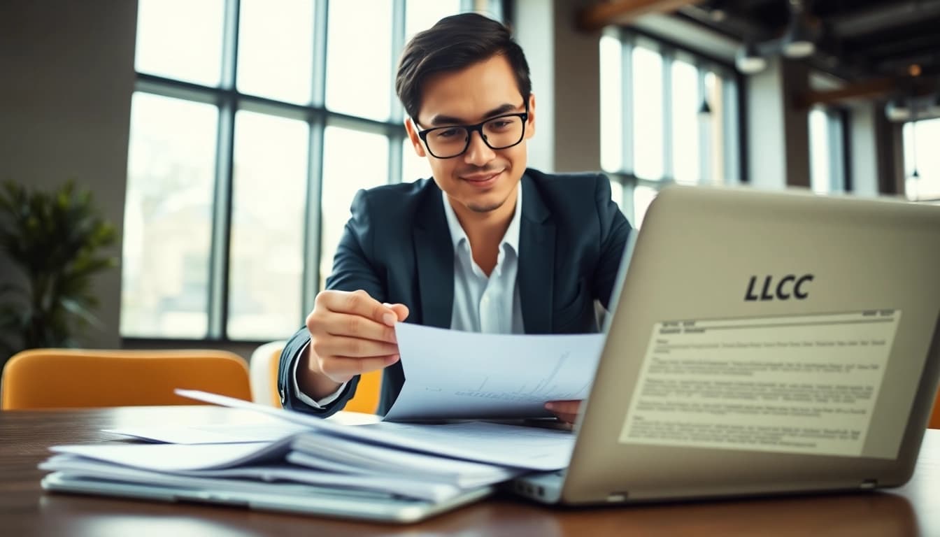 Starting the process of Opening an LLC with essential documentation and technology in a professional setting.