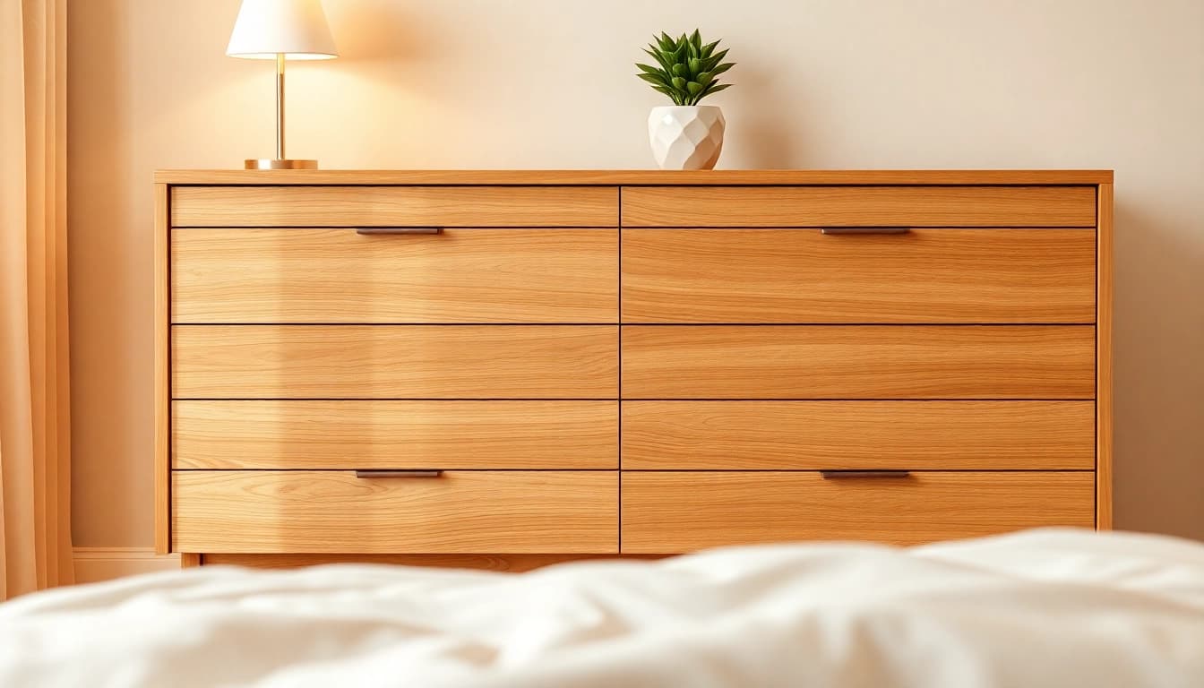 Stylish chest of drawers enhancing a modern bedroom's cozy atmosphere.