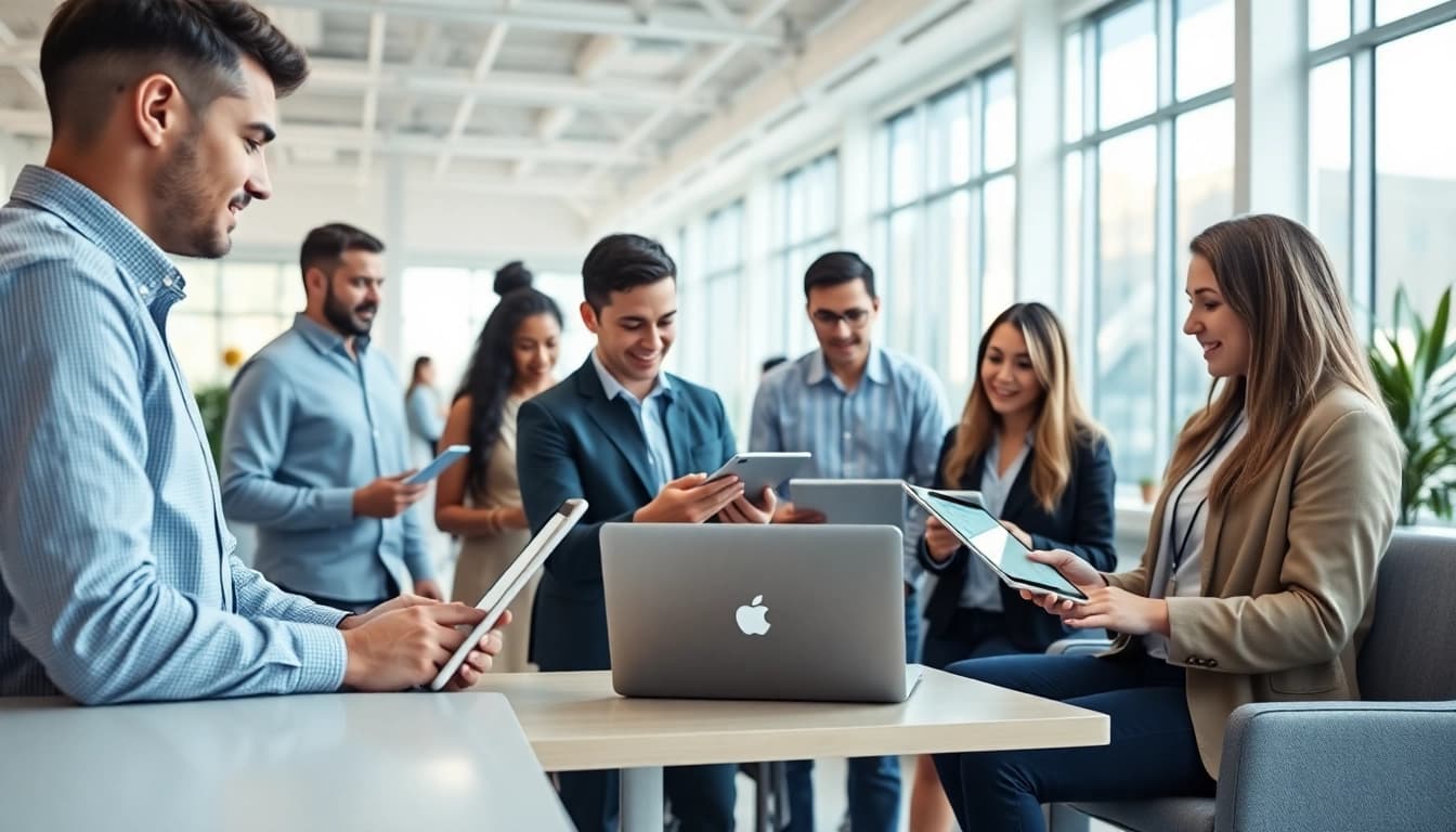 Engaged team utilizing enterprise assistant software in a bright office environment.