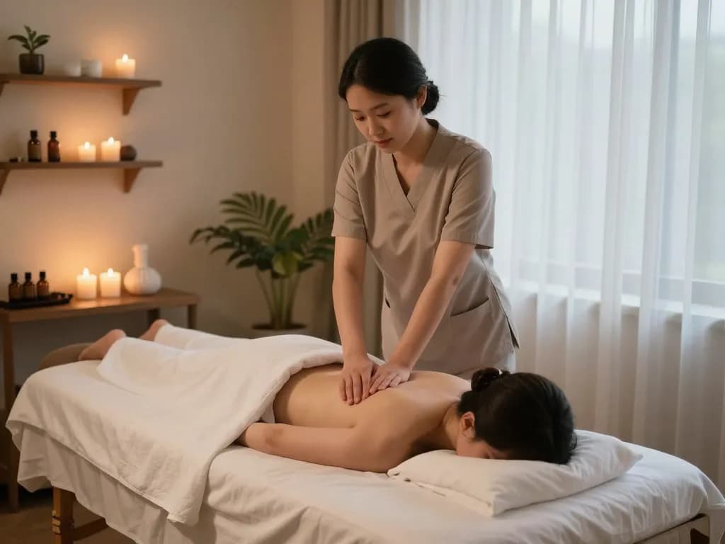 편안한 조명, 에센셜 오일, 그리고 차분한 장식이 있는 치평동마사지 치료실