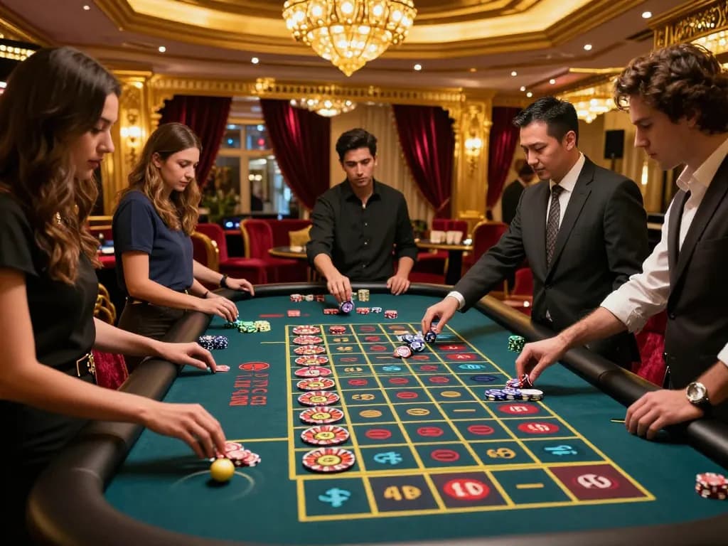 Players engaging in roulette action at shbet800 casino with vibrant decor and dynamic betting atmosphere