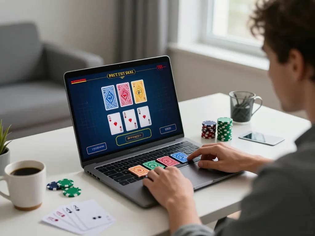 Player focusing on live dealer blackjack on f168 in a stylish home office, emphasizing strategic gaming.