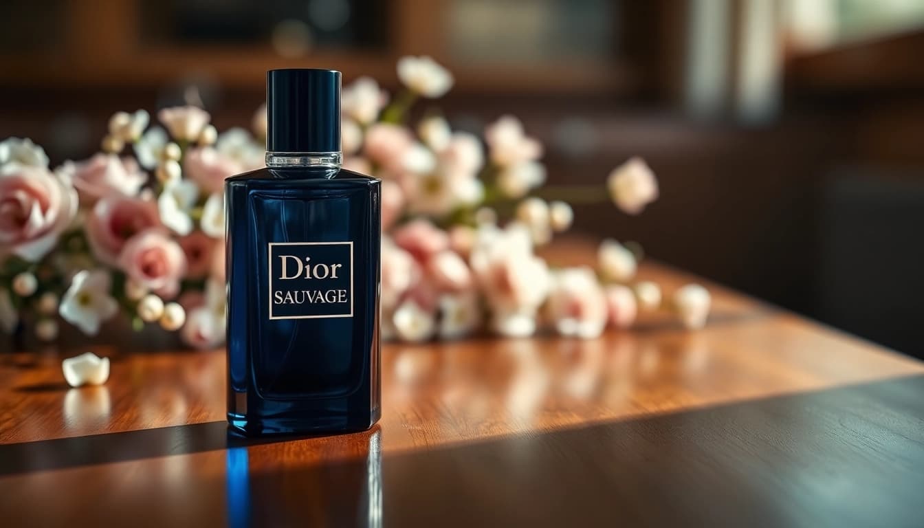 Dior Sauvage bottle featuring elegant design on a wooden table with floral accents.