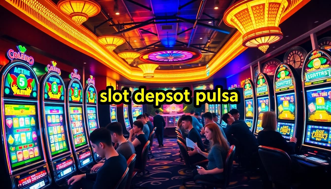 Adegan yang menarik yang menampilkan pemain berinteraksi dengan mesin slot deposit pulsa dalam suasana kasino yang dinamis.