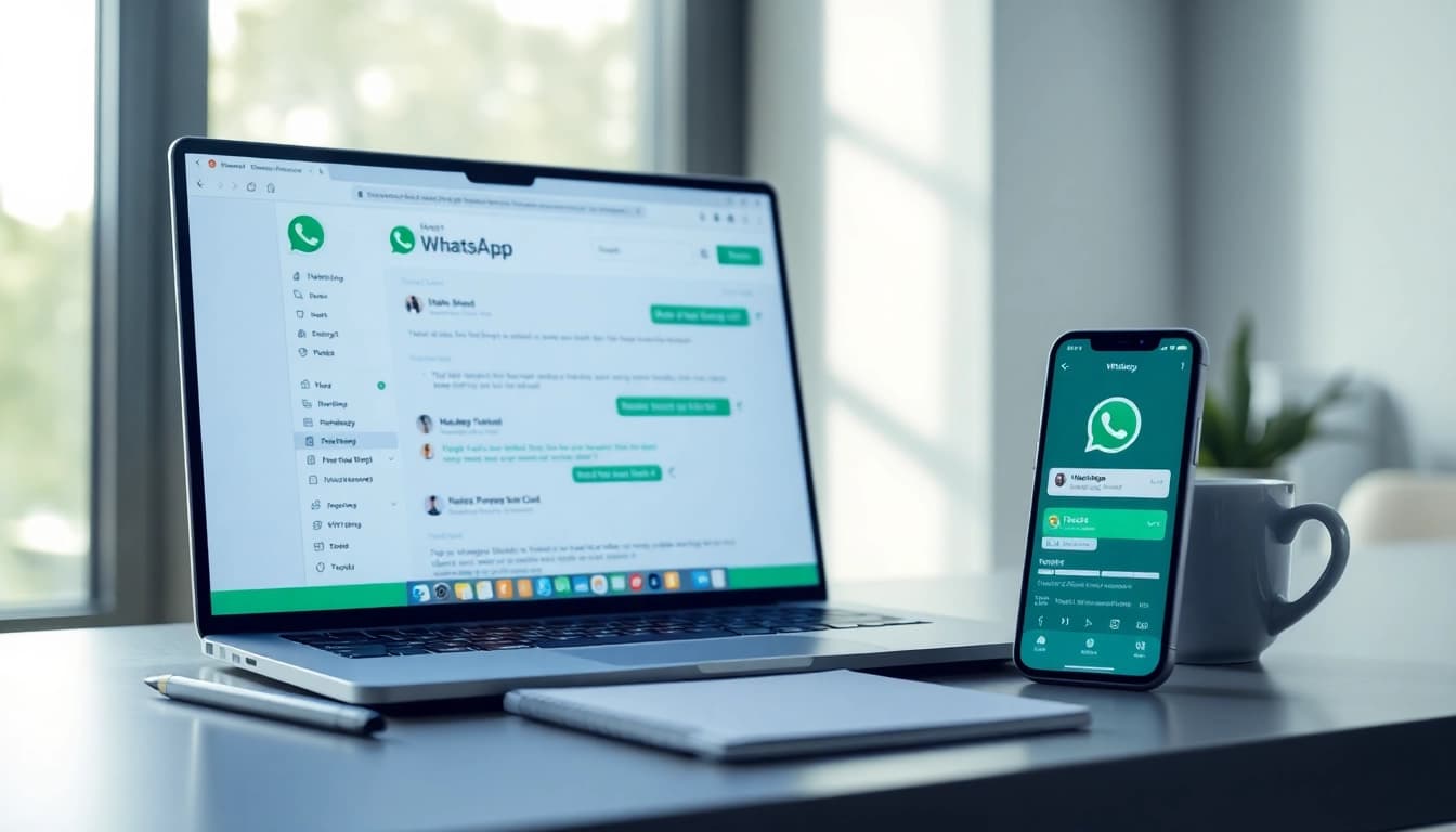 笔记本电脑上显示的 WhatsApp Web 界面，展示无缝消息传递的功能。