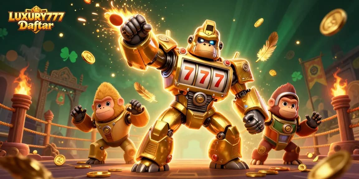 LUXURY777 Daftar menampilkan karakter 3D gorila emas pemain slot dengan efek dramatis di kasino online.