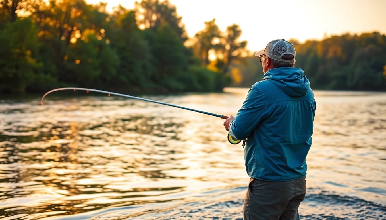 Capture the essence of fly fishing apparel with an angler wearing dynamic gear by a river.