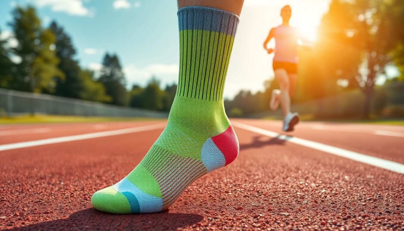 Performance running socks displayed on a running track, showcasing moisture-wicking features.