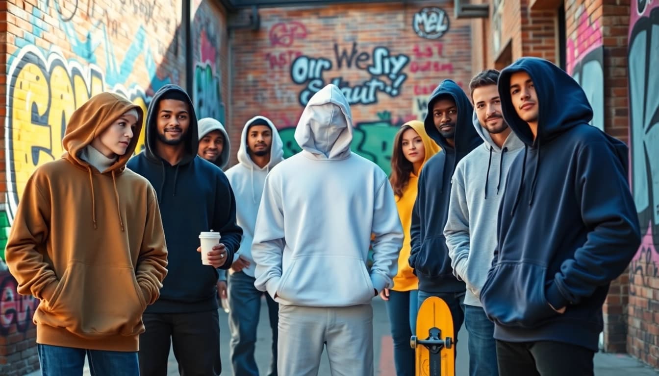 Stylish models wearing high quality blank hoodies against a vibrant urban backdrop.