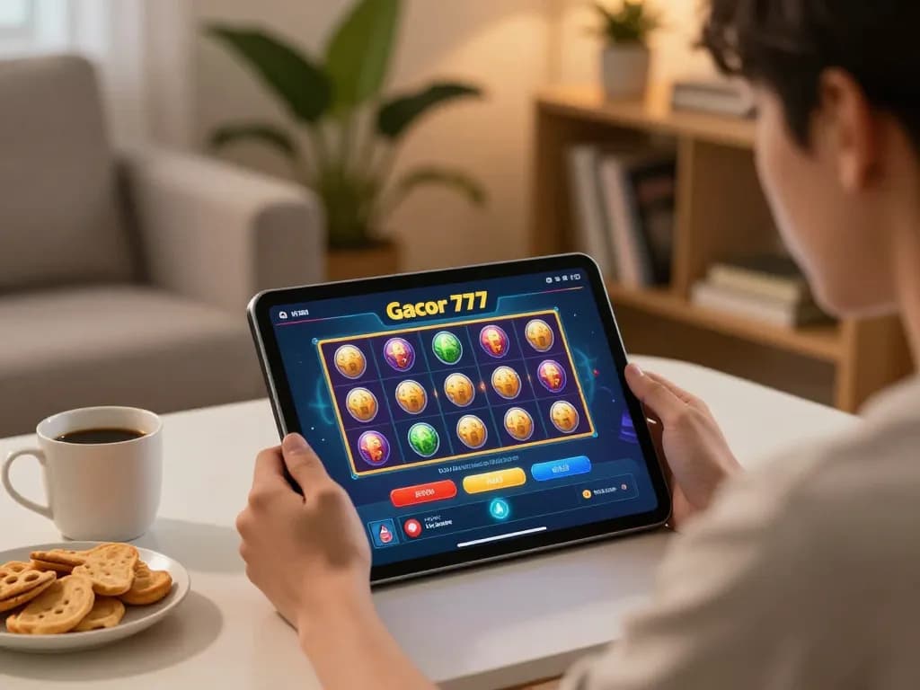 Engaged player strategizing on slot gacor 777 in a cozy home setting with warm lighting