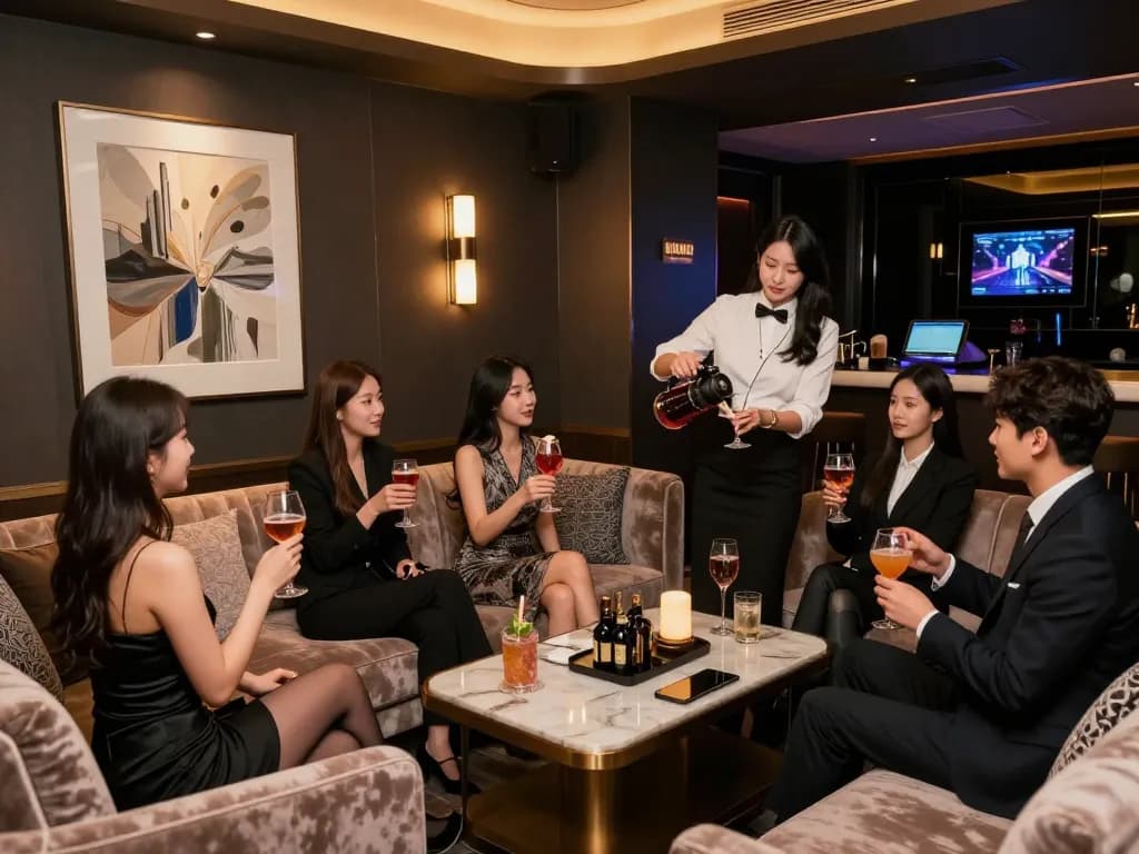 Experience the elegance of 강남쩜오 in a luxurious private room with stylish patrons and a beautiful hostess.