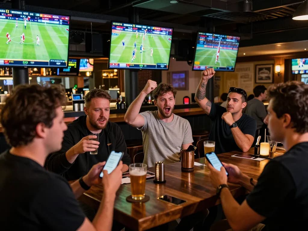 Engaged patrons placing bets in tg88 sports betting area, lively atmosphere with live match displays